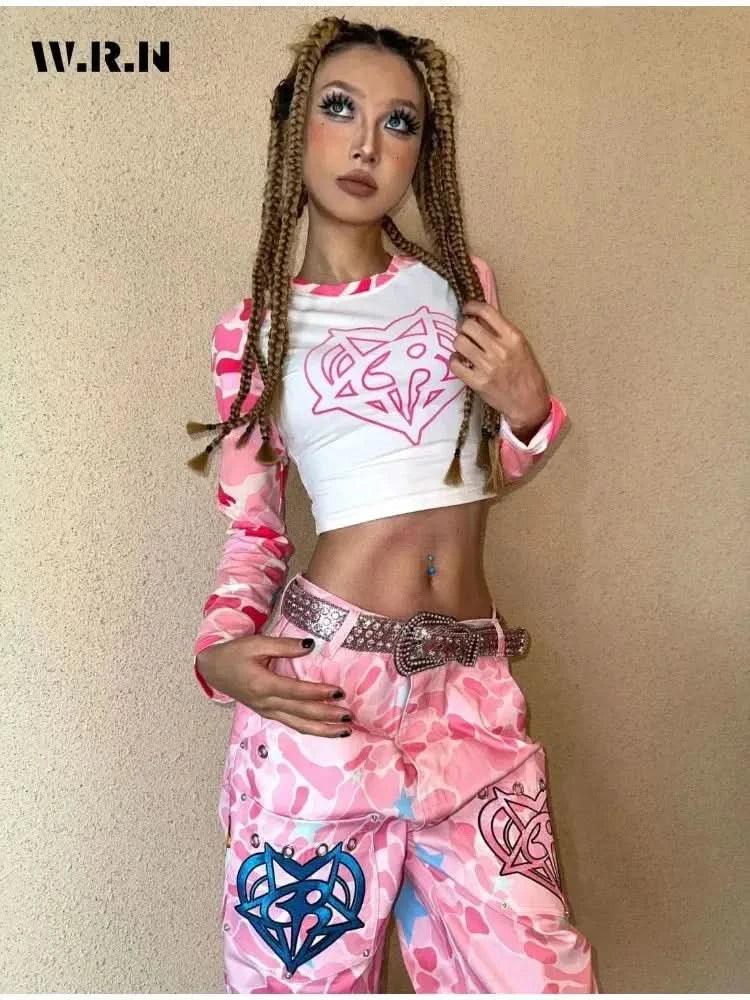 Women's Casual High Street Full Length Baggy Emo Denim Trouser Hotsweet Loose Fit Jeans Pink Print High Waist Y2K 2000s Pants asasshop