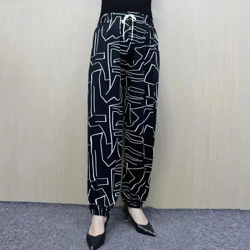 Summer Thin Loose Bloomers Trousers Female Clothing Casual Printed High Waist Elastic Stylish Drawstring Commute Vintage Pants