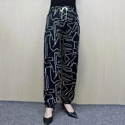 Summer Thin Loose Bloomers Trousers Female Clothing Casual Printed High Waist Elastic Stylish Drawstring Commute Vintage Pants