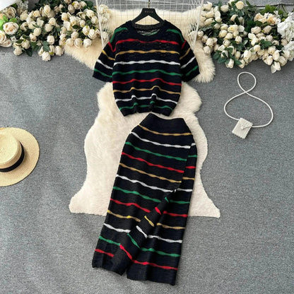 Dress Stets Women Short Sleeve Striped O Neck Tops Knitting Two Pieces Set Slim Sexy High Waist Ankle Length Y2k Streetwear