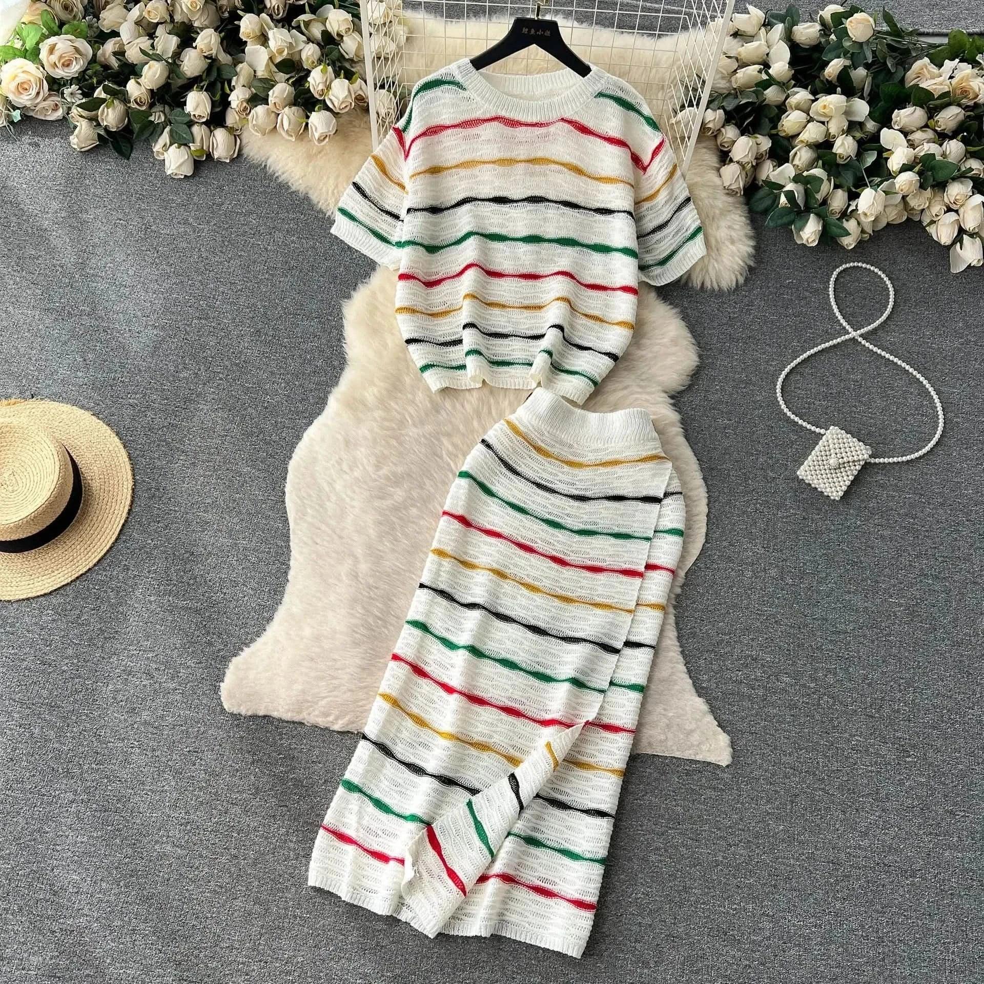 Dress Stets Women Short Sleeve Striped O Neck Tops Knitting Two Pieces Set Slim Sexy High Waist Ankle Length Y2k Streetwear