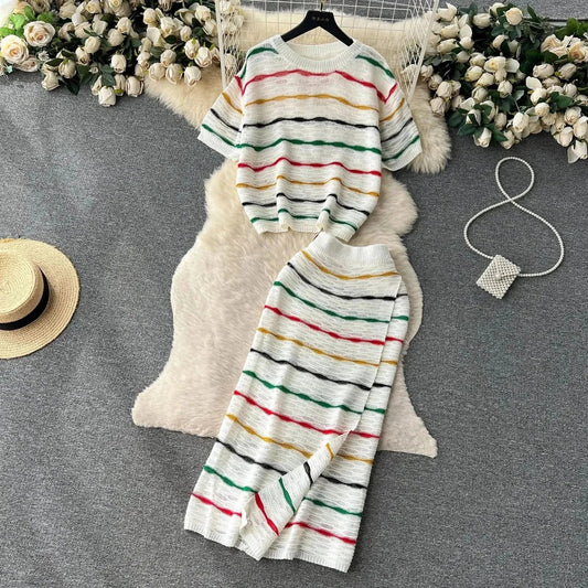 Dress Stets Women Short Sleeve Striped O Neck Tops Knitting Two Pieces Set Slim Sexy High Waist Ankle Length Y2k Streetwear