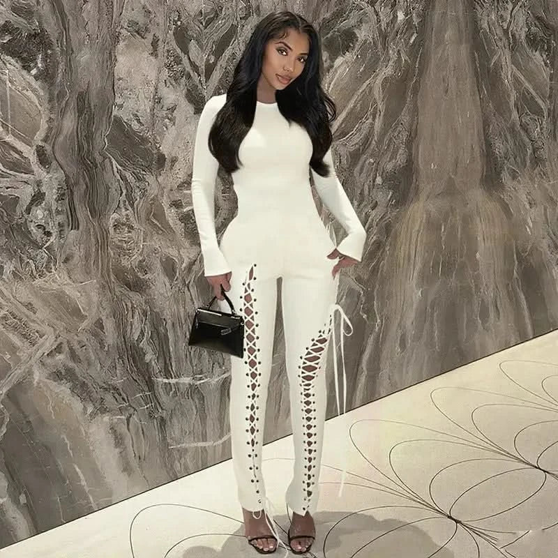 FAGADOER Sexy Bandage Patchwork 2 Piece Sets Woman Outfit Halter Sleeveless Crop Tops and Pants Matching Suit Female Streetwear