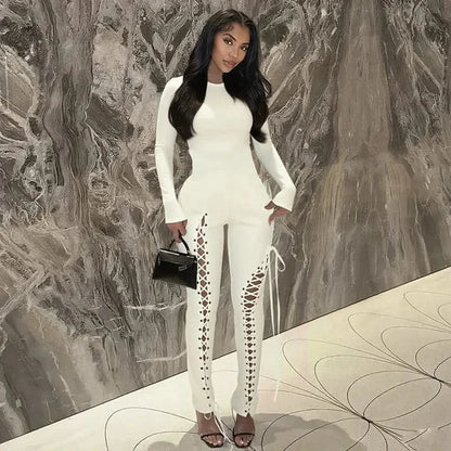 FAGADOER Sexy Bandage Patchwork 2 Piece Sets Woman Outfit Halter Sleeveless Crop Tops and Pants Matching Suit Female Streetwear