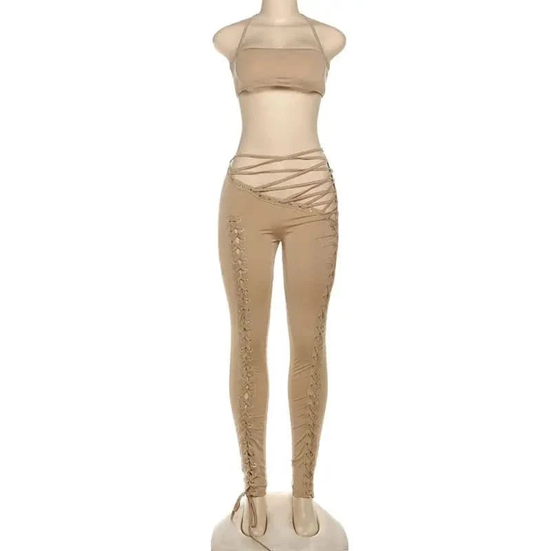 FAGADOER Sexy Bandage Patchwork 2 Piece Sets Woman Outfit Halter Sleeveless Crop Tops and Pants Matching Suit Female Streetwear