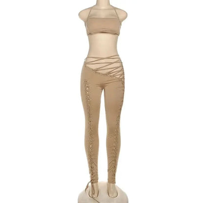 FAGADOER Sexy Bandage Patchwork 2 Piece Sets Woman Outfit Halter Sleeveless Crop Tops and Pants Matching Suit Female Streetwear