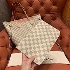 Neverfull MM White Checkered Pink Shopping Bag N41605 asasshop