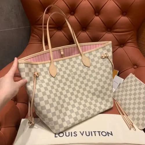Neverfull MM White Checkered Pink Shopping Bag N41605 asasshop